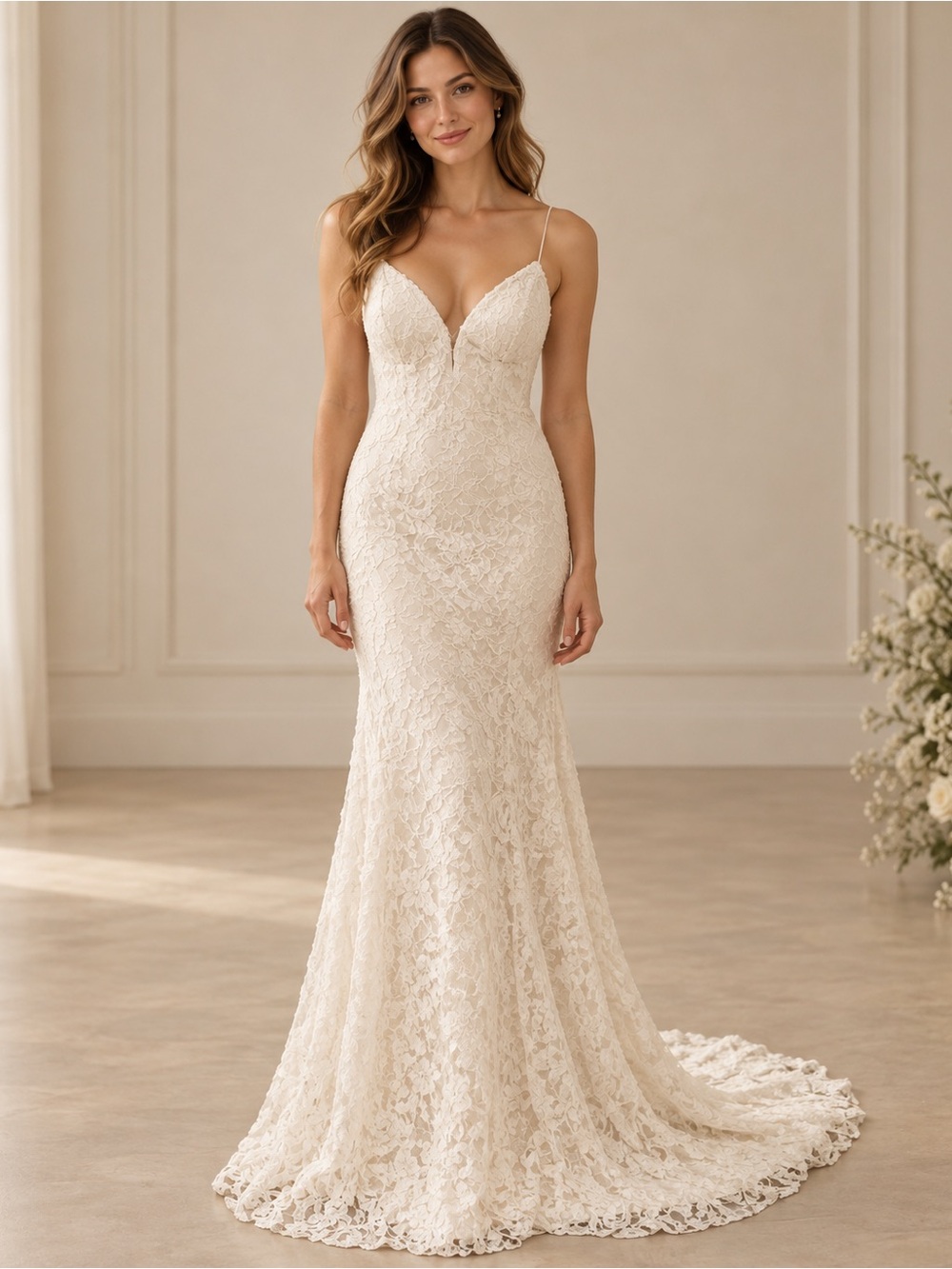 Faviana Ivory Lace Spaghetti-Strap Chemise